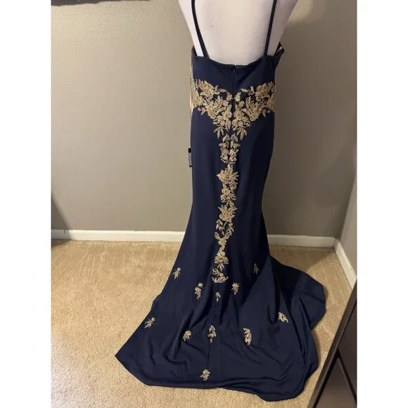 Faviana Formal Long Gown Navy Gold Beaded Embroidered Gala 14W NEW $595